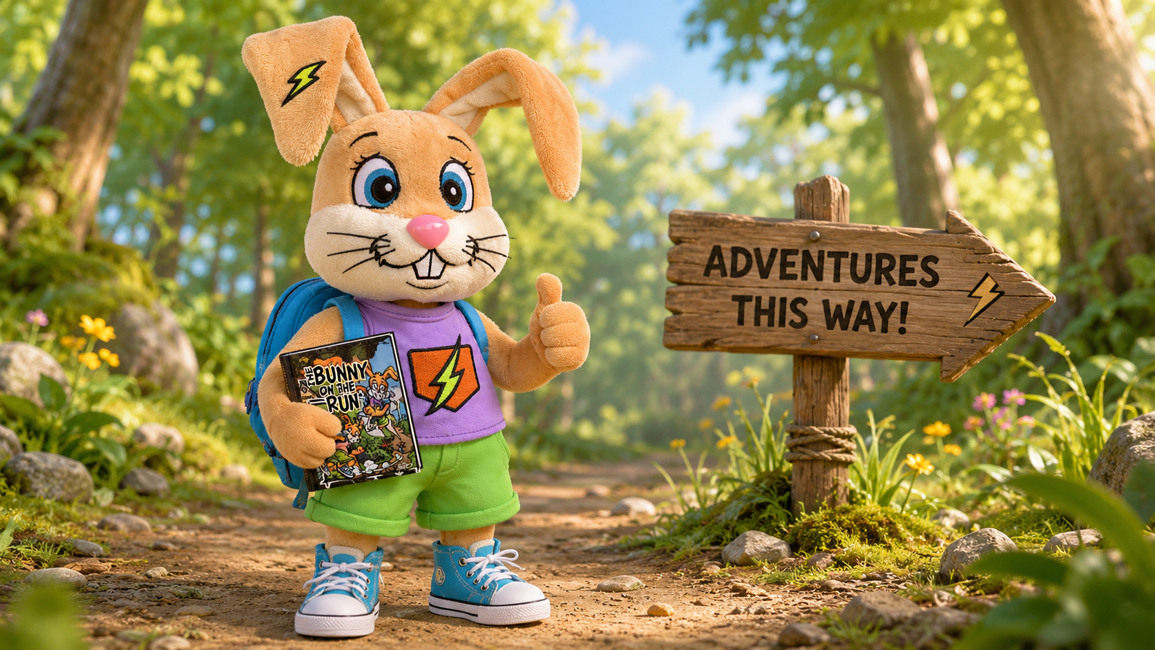 OG Bunny holding The Bunny on the Run book and giving a thumbs-up beside an Adventures This Way sign.